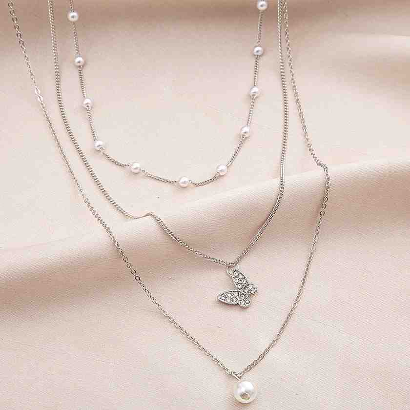 Necklace – Pearl and Butterfly Silver Layered