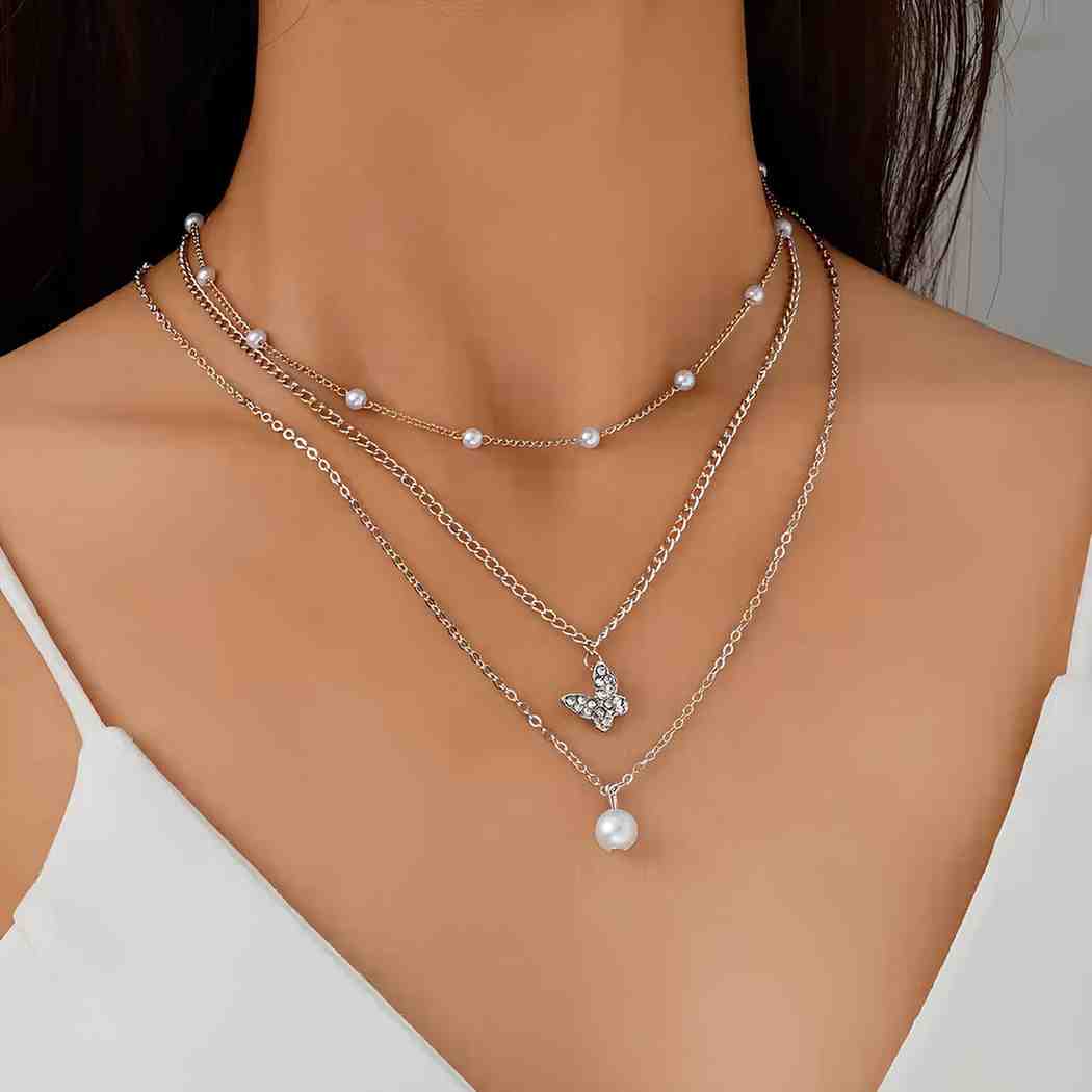 Necklace – Pearl and Butterfly Silver Layered