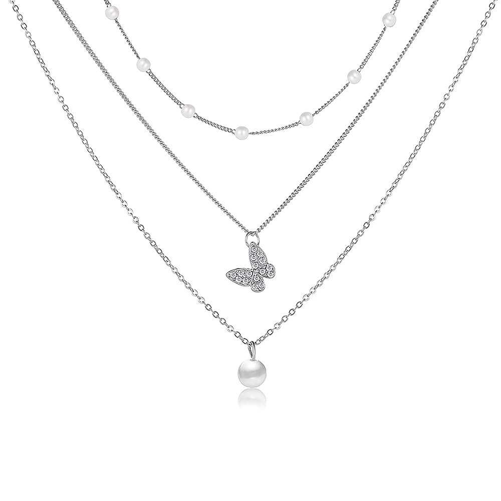 Necklace – Pearl and Butterfly Silver Layered